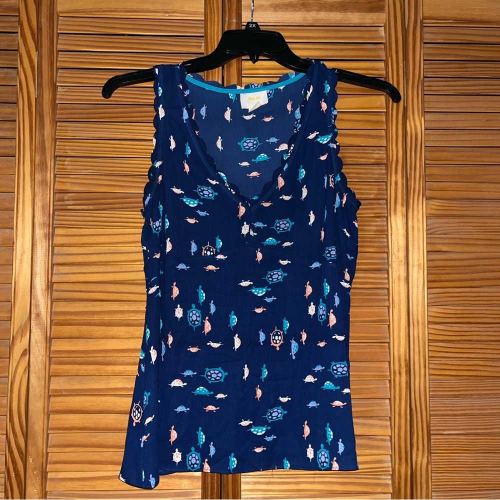 Maeve Turtle Print Scalloped Trim Blue Tank Top Size 4
